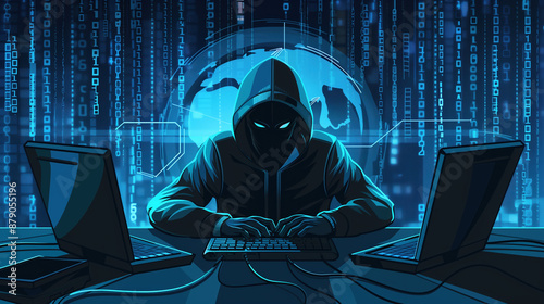 Cybersecurity Expert Typing Code on Laptop, Blue Digital Screen in Background photo