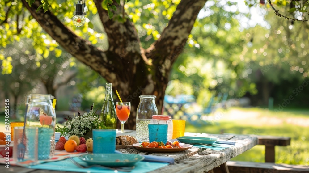An outdoor picnic table under a shady tree, set with a casual lunch spread and colorful summer drinks, ideal for a family gathering. An outdoor picnic table under a shady tree, set with a casual lunch spread and colorful summer drinks, ideal for a family gathering.
