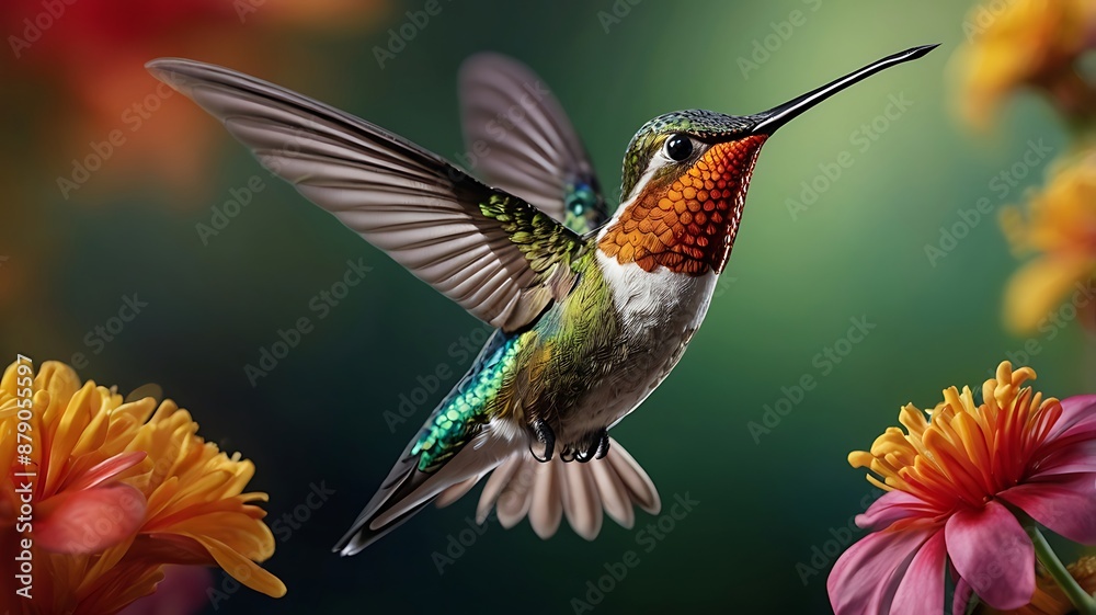 Fototapeta premium Hummingbird Hovering Over Beautiful Flower