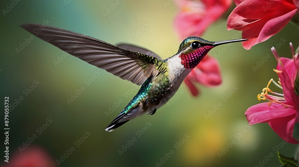 Fototapeta premium Hummingbird Hovering Over Beautiful Flower