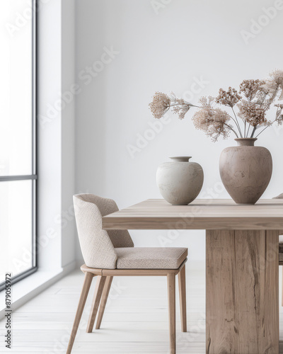 Minimalist dining room interiors in plain neutral colors, a contemporary dining table and copy space. Architectural Real Estate conceptual image.