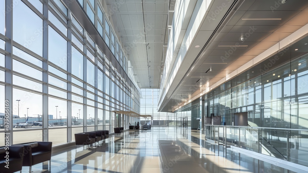 An ultra-modern airport terminal with expansive glass walls, sleek lines, and efficient design. An ultra-modern airport terminal with expansive glass walls, sleek lines, and efficient design.