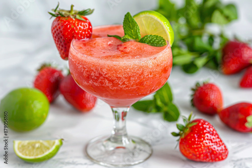 A glass of strawberry margarita with a lime wedge on top