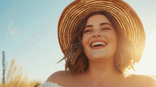 Cheerful full-figured girl enjoying a sunny day, highlighting her radiant smile and confident figure, in a lively outdoor scene
