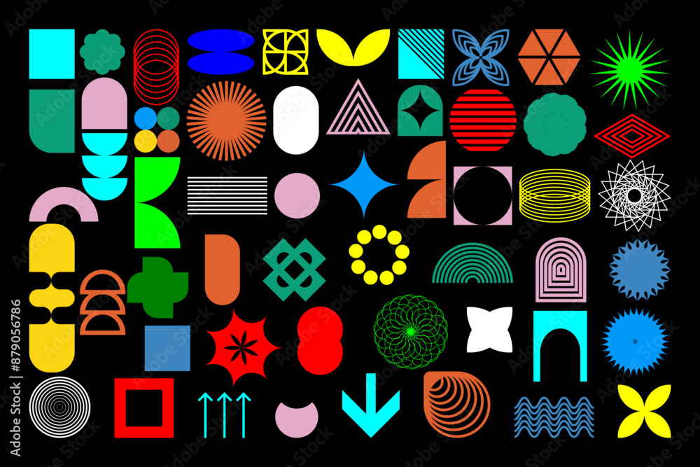 Obraz premium Bauhaus elements. Modern geometric abstract shapes in minimal style. Brutalism basic forms, lines, eye, circles and patterns, art vector set. Colorful figures and dots simple design