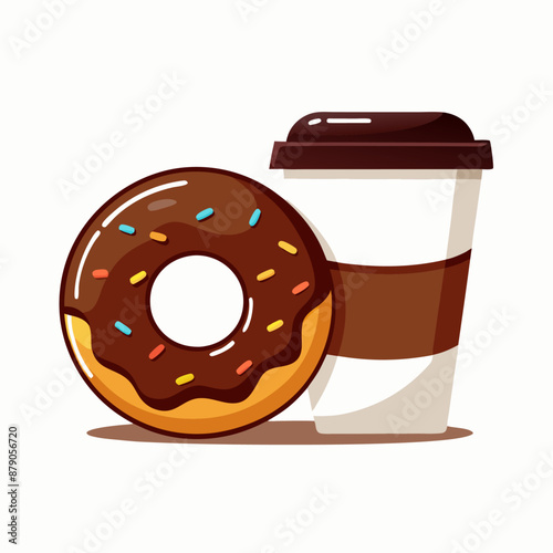 Cartoon colorful tasty chocolate donut and disposable paper coffee cup (1)