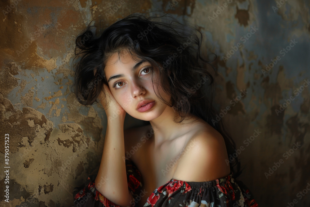 Fototapeta premium A woman with long hair is sitting on her knees and looking at the camera