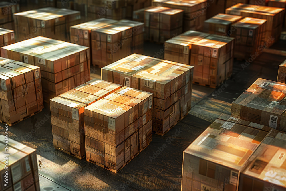 A large stack of cardboard boxes are piled up in a warehouse A large stack of cardboard boxes are piled up in a warehouse