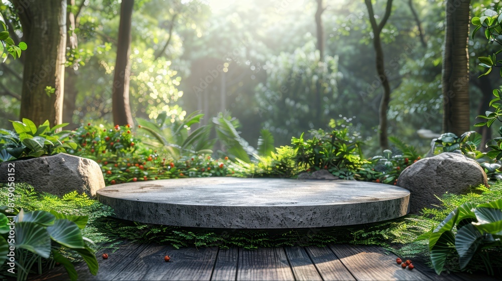 Empty round marble table podium in the garden with green nature background for product display Empty round marble table podium in the garden with green nature background for product display