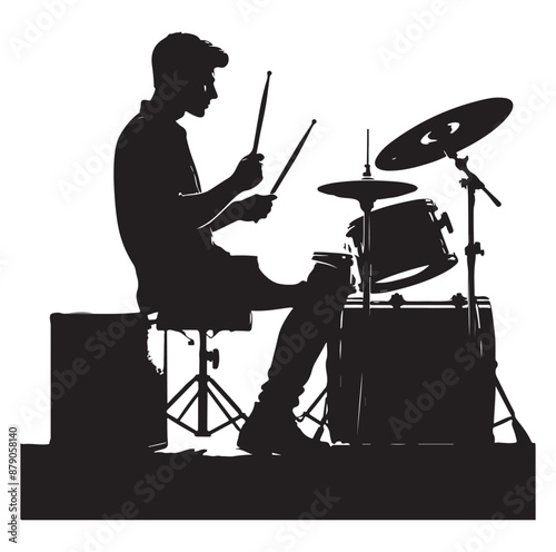 A drummer musician drumming drums vector silhouette