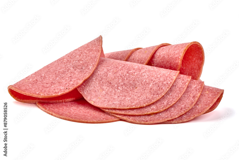 Thin salami sausage slices, isolated on white background. Thin salami sausage slices, isolated on white background.