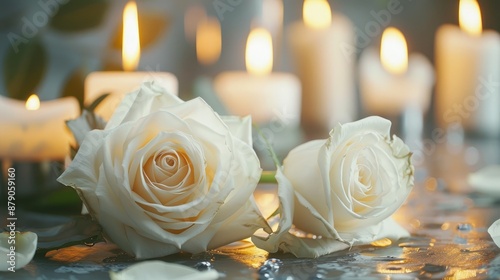 Fototapeta Naklejka Na Ścianę i Meble -  Elegant white rose with candles in romantic setting and room for text