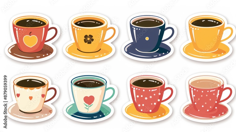 Colorful Coffee Cups Stickers Set Colorful Coffee Cups Stickers Set