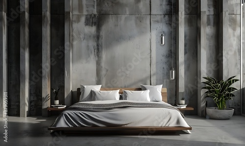 Bedroom interior design concept idea and concrete wall, Generative AI