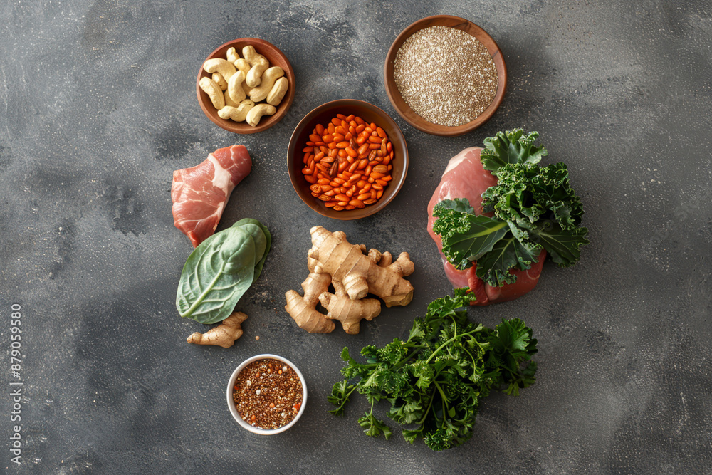 A variety of vegetables and spices are displayed on a countertop A variety of vegetables and spices are displayed on a countertop