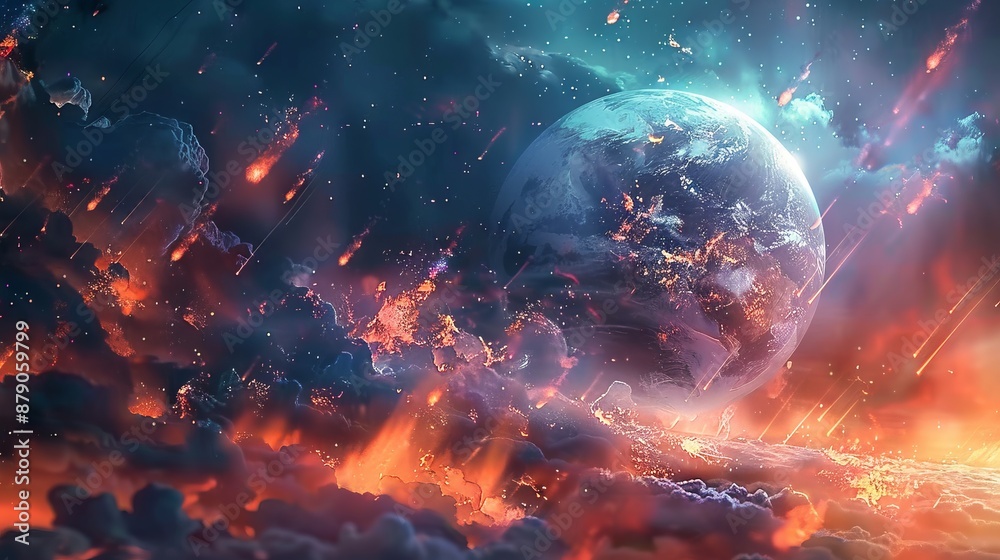 A vibrant depiction of a planet engulfed in flames and cosmic debris. A fiery and dramatic scene of cosmic destruction. A vibrant depiction of a planet engulfed in flames and cosmic debris. A fiery and dramatic scene of cosmic destruction.