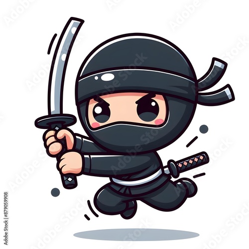 Vibrant Cartoon Ninja with Katana Poised for Action on a White Backdrop
