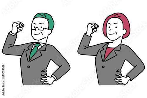 力こぶを作ってみせる中年のスーツの男女　セット