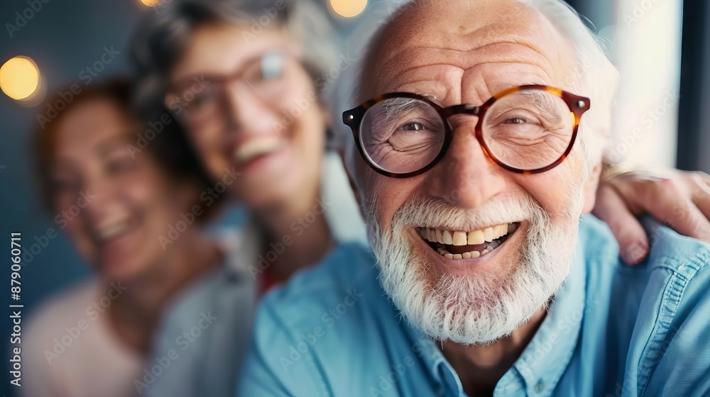 Close-up of a joyful elderly man with glasses, smiling with friends in the background. Happy senior group enjoying a moment together. Close-up of a joyful elderly man with glasses, smiling with friends in the background. Happy senior group enjoying a moment together.