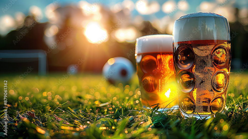 Two glasses of beer on a grassy field with a soccer ball in the background. The setting sun casts a warm glow over the scene. Two glasses of beer on a grassy field with a soccer ball in the background. The setting sun casts a warm glow over the scene.