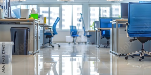 Office surfaces cleaned by two commercial cleaning experts for thorough cleanliness. Concept Commercial Cleaning, Office Surfaces, Thorough Cleanliness, Expert Cleaners photo
