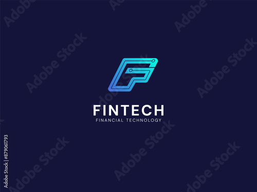 FinTech Financial Technology with letter F circuit board lines technology Analysis logo vector design concept. Letter f logotype symbol for digital finance, ui, technology, investment, business, web.