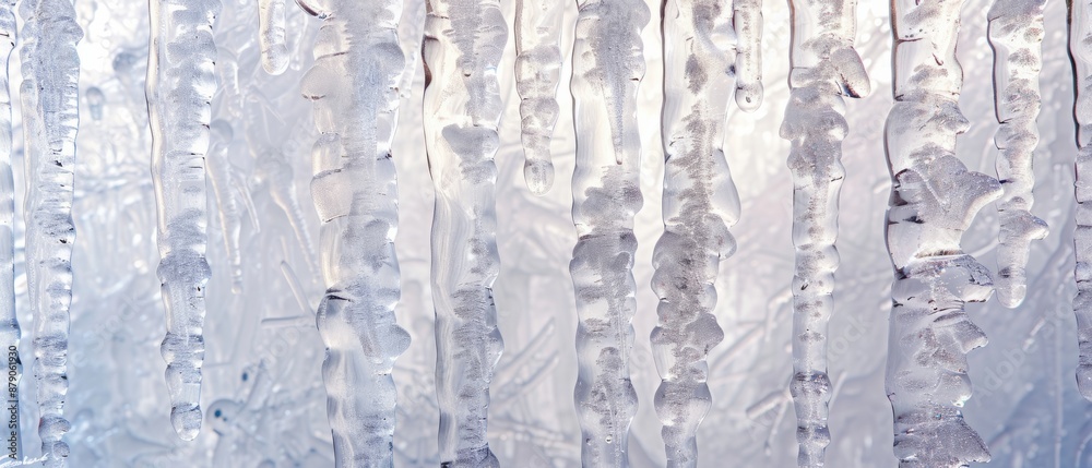 Panoramic close-up, high detail scan of frost-covered icicles texture, Generative AI Panoramic close-up, high detail scan of frost-covered icicles texture, Generative AI