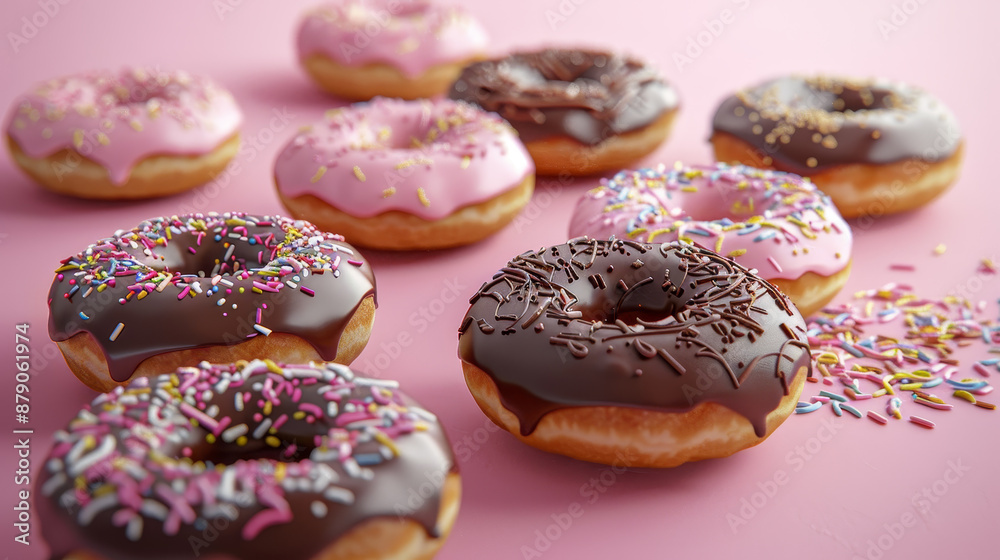A row of donuts with pink icing and sprinkles A row of donuts with pink icing and sprinkles
