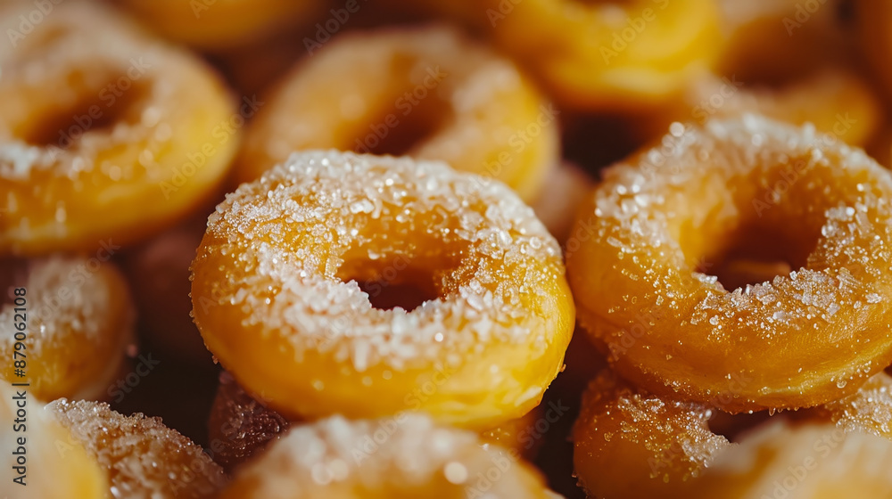 A row of donuts with powdered sugar on top A row of donuts with powdered sugar on top