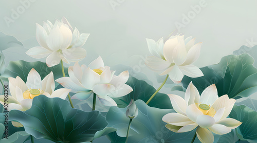 Illustration of watercolor white lotus blooming, beautiful white lotus flowers and green leaves design for background, Asian style abstract pattern background with copy space.