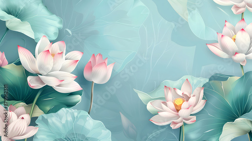 Illustration of watercolor pink lotus blooming, beautiful pink lotus flowers and green leaves design for background, Asian style abstract pattern background with copy space. © Ivrin