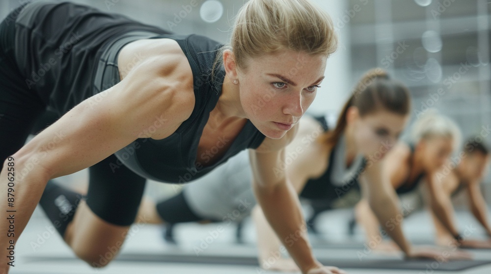High-intensity interval training (HIIT) class, participants pushing their limits, demonstrating teamwork and perseverance High-intensity interval training (HIIT) class, participants pushing their limits, demonstrating teamwork and perseverance
