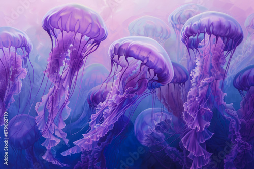 A painting of a group of purple jellyfish in the ocean photo