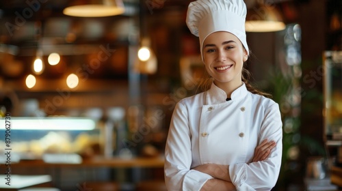 Beautiful posing image of a smiling chef in the kitchen, perfect for cooking themed wallpapers, culinary abstracts and illustrations for cooking backgrounds