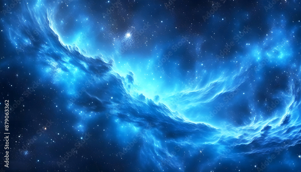 Fototapeta premium Deep blue nebula with swirling clouds of gas and dust, illuminated by bright stars.