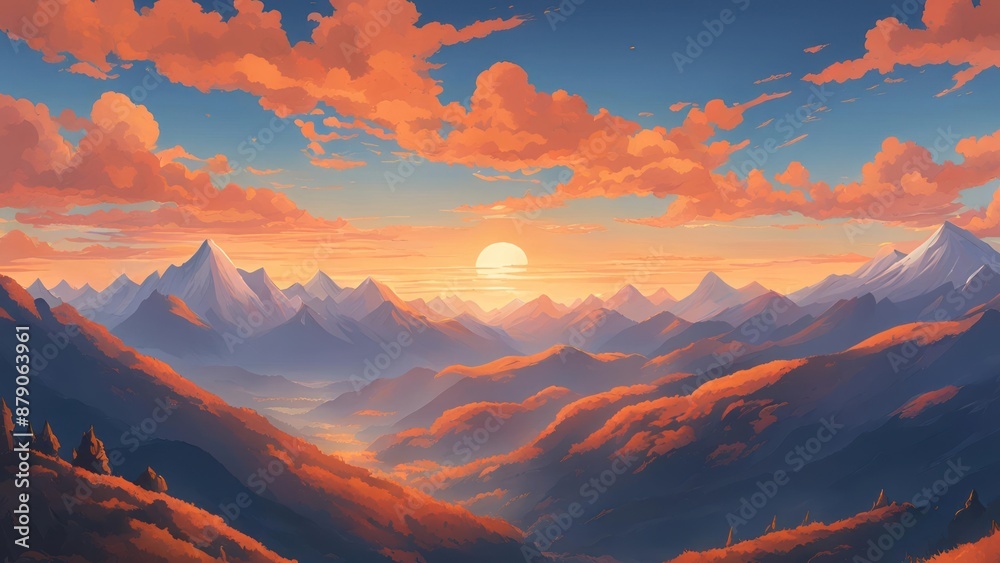 Anime style, sunlit peaks rise over cloud-filled valleys, with a sky shifting from blue to orange and rolling hills in the foreground 3. Generative AI Anime style, sunlit peaks rise over cloud-filled valleys, with a sky shifting from blue to orange and rolling hills in the foreground 3. Generative AI