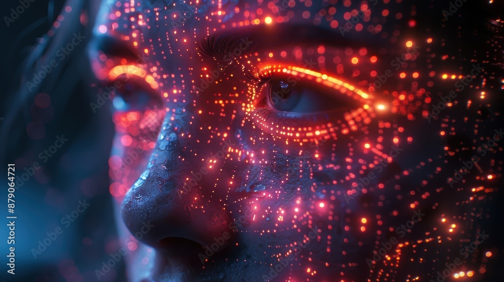 Close-up of a digital AI avatar with neon light accents, showcasing advanced artificial intelligence technology in a dark, tech-driven environment