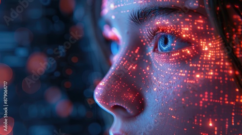 Close-up of a digital AI avatar with neon light accents, showcasing advanced artificial intelligence technology in a dark, tech-driven environment