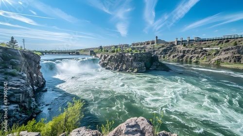 GREAT FALLS, MT., USA - The Great Falls of the Missouri River in Great Falls, Montana and hydroelectric plant and Ryan Dam  photo