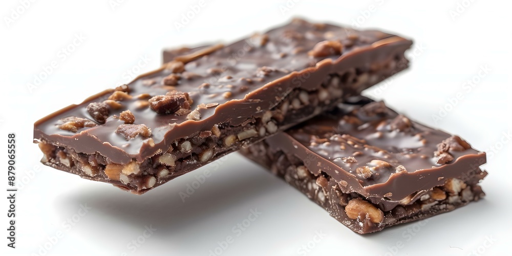 Chocolate Crunch Bar Standing Out on White Background. Concept Food Photography, Chocolate Bars, Product Presentation, White Background, Delicious Snack Chocolate Crunch Bar Standing Out on White Background. Concept Food Photography, Chocolate Bars, Product Presentation, White Background, Delicious Snack