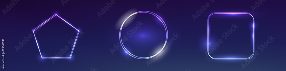 Set of neon double frames with shining effects Set of neon double frames with shining effects