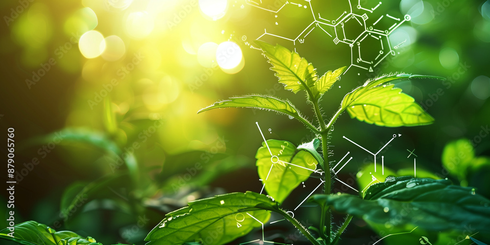 A lush green plant illuminated by sunlight with superimposed chemical structures, symbolizing the connection between nature and science in understanding plant properties. A lush green plant illuminated by sunlight with superimposed chemical structures, symbolizing the connection between nature and science in understanding plant properties.
