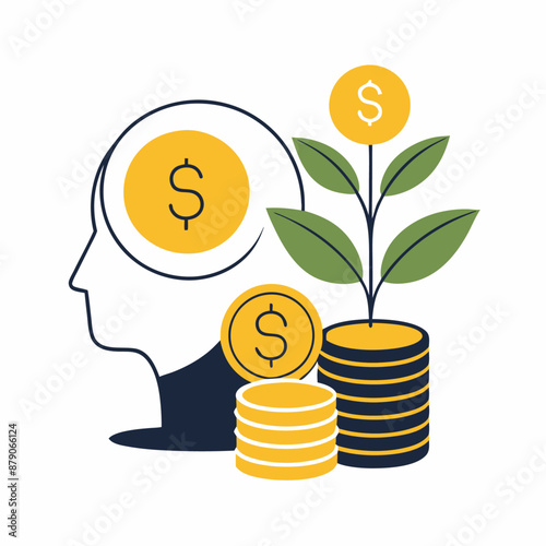 Silhouette of a head a stack of coins and a growing money tree Money thinking creative concept (8)