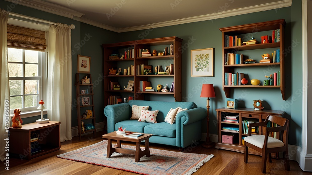 A toy library inside a dollhouse, complete with miniature bookshelves, tiny books, and a cozy reading corner. A toy library inside a dollhouse, complete with miniature bookshelves, tiny books, and a cozy reading corner.