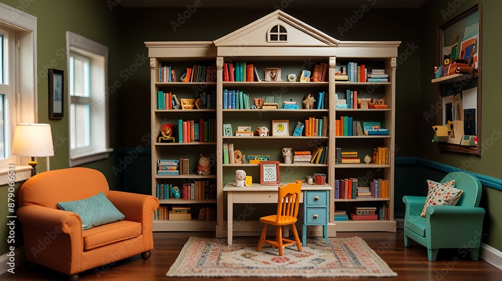 A toy library inside a dollhouse, complete with miniature bookshelves, tiny books, and a cozy reading corner. A toy library inside a dollhouse, complete with miniature bookshelves, tiny books, and a cozy reading corner.