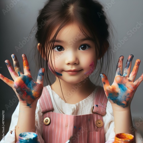 adorable child artist showing messy paintcovered hands creative learning studio portrait. photo