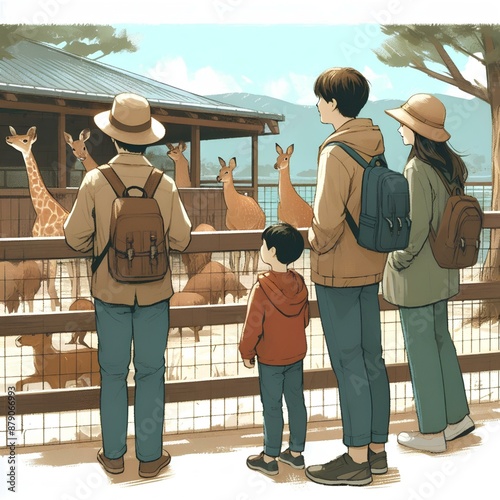 A family visiting a wildlife reserve, observing animals in their natural habitat and learning about conservation efforts. Painting Illustration style. photo