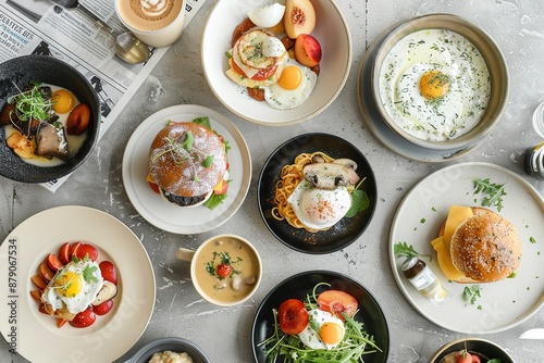 Delicious Flat Lay of Poached Egg on Toast with Avocado and Greens, Tomato Noodles, Small Sandwiches with Salad and Fruit, and Granola with Fruits. Perfect Breakfast or Brunch  photo