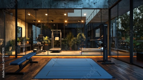Modern Home Gym with Glass Walls and Evening Lights