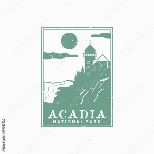 Acadia national park vector illustration in stamp style.